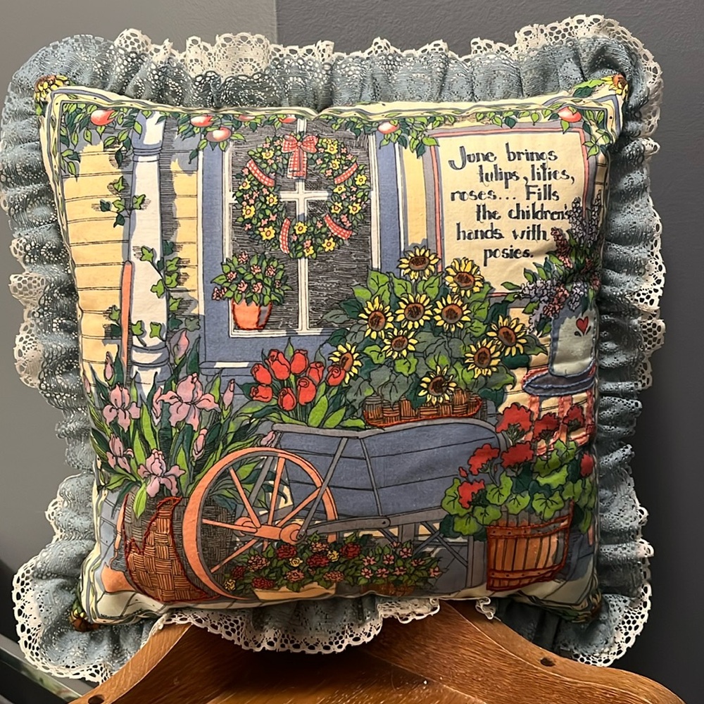 Colorful Garden Theme Cotton Throw Pillow Handmade from 1994 Susan Winget Fabric